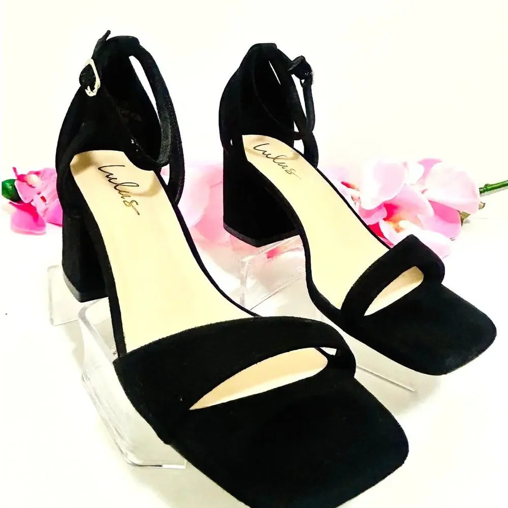 Lulus Danielia Black Faux Suede Block Heel Ankle Strap Sandals NWT 7.5